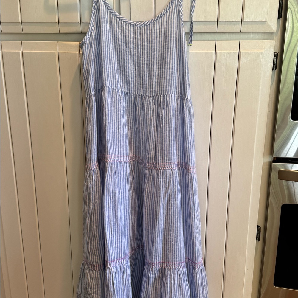 Blue / white seersucker dress with pink trim